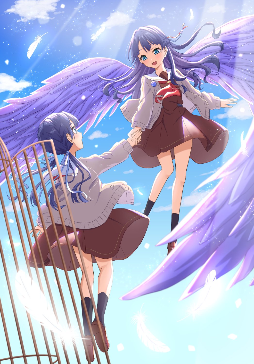 2girls, :d, birdcage, black_socks, blue_eyes, blue_ribbon, blue_sky, brown_dress