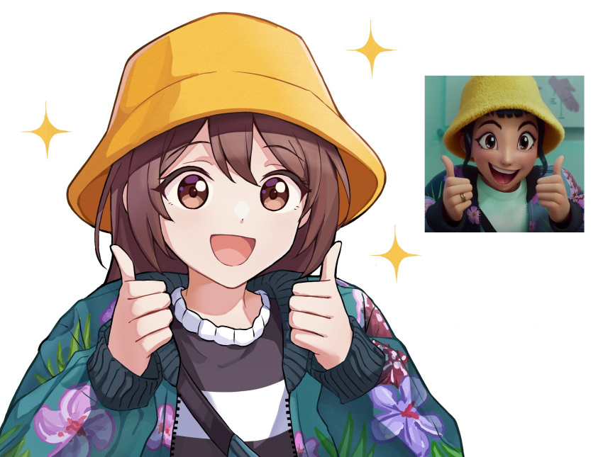 1girl, :d, black_sweater, blue_jacket, brown_eyes, brown_hair, commentary, cosplay
