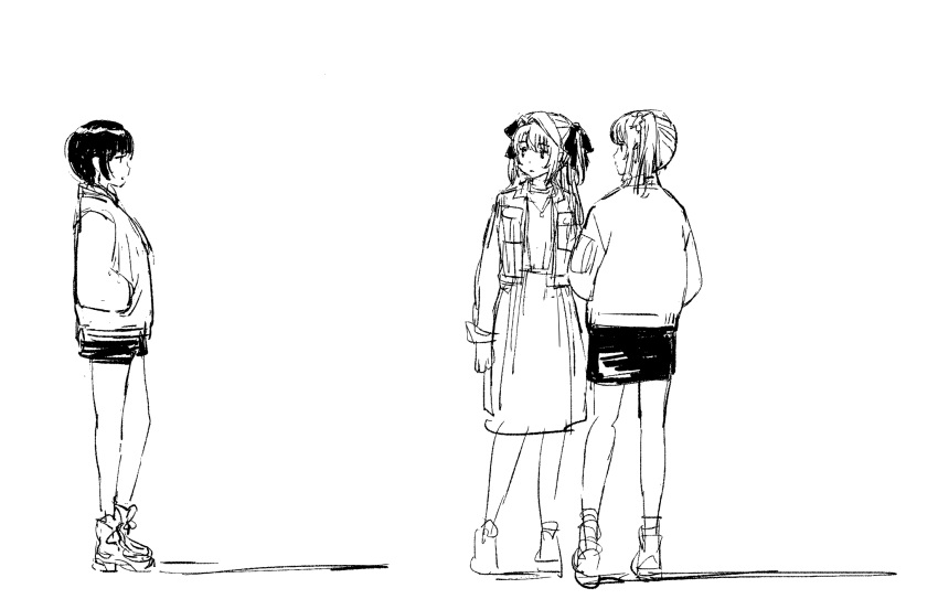 3girls, closed_mouth, greyscale, hair_ribbon, highres, jacket, jewelry, kamiina_botan