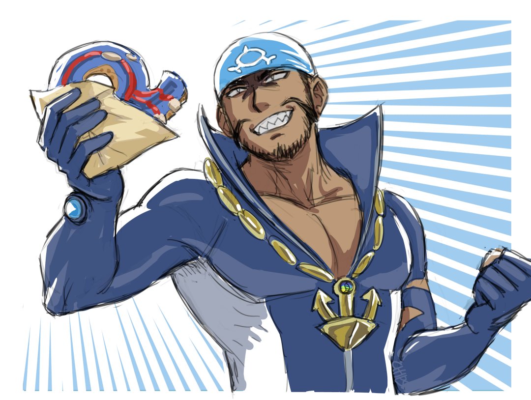1boy, archie_(pokemon), bandana, beard, black_hair, blue_bandana, chips_n_cookies, clenched_hand