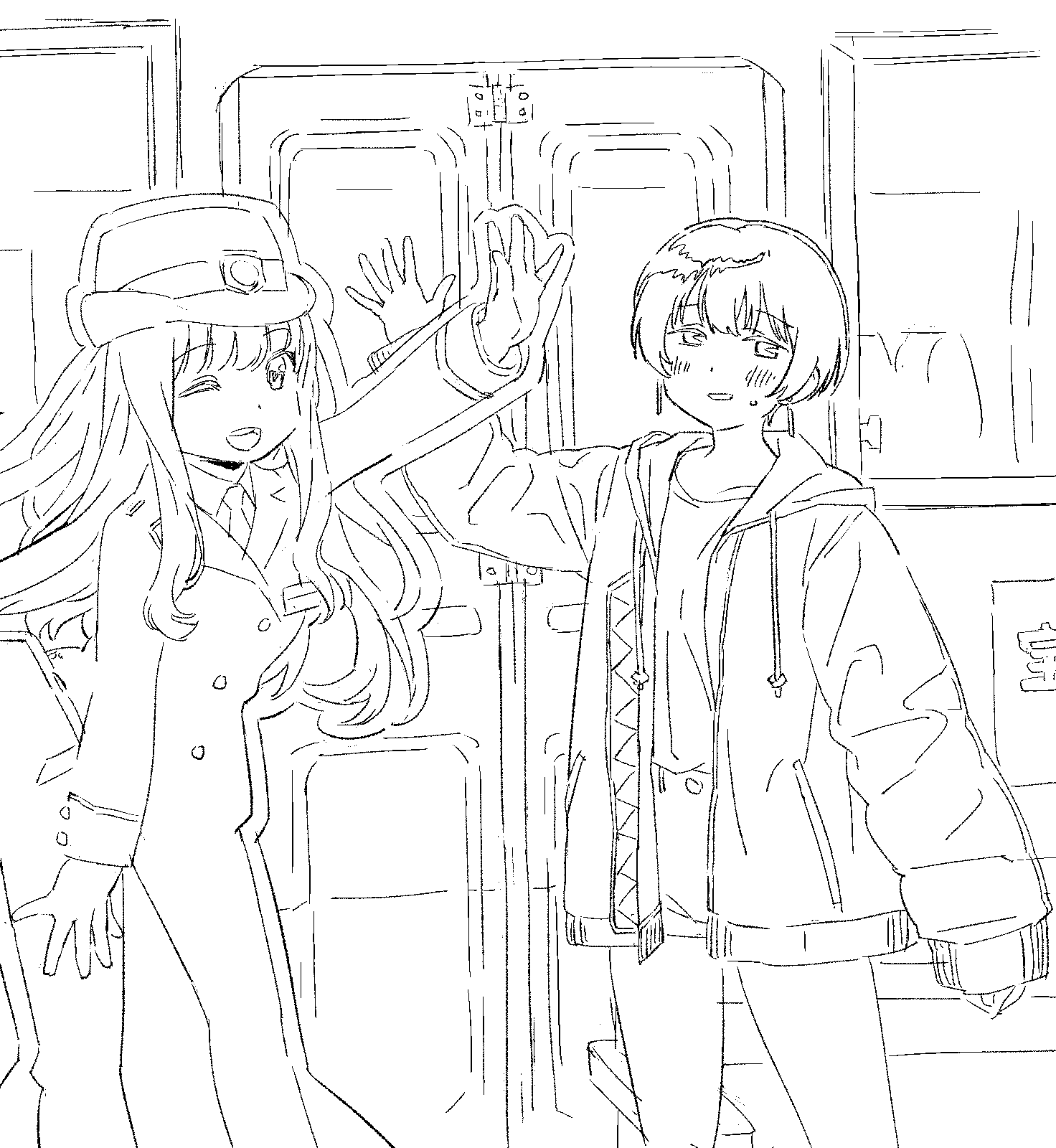 1girl, blush, cardboard_cutout, drawstring, earrings, hand_up, highres, jacket