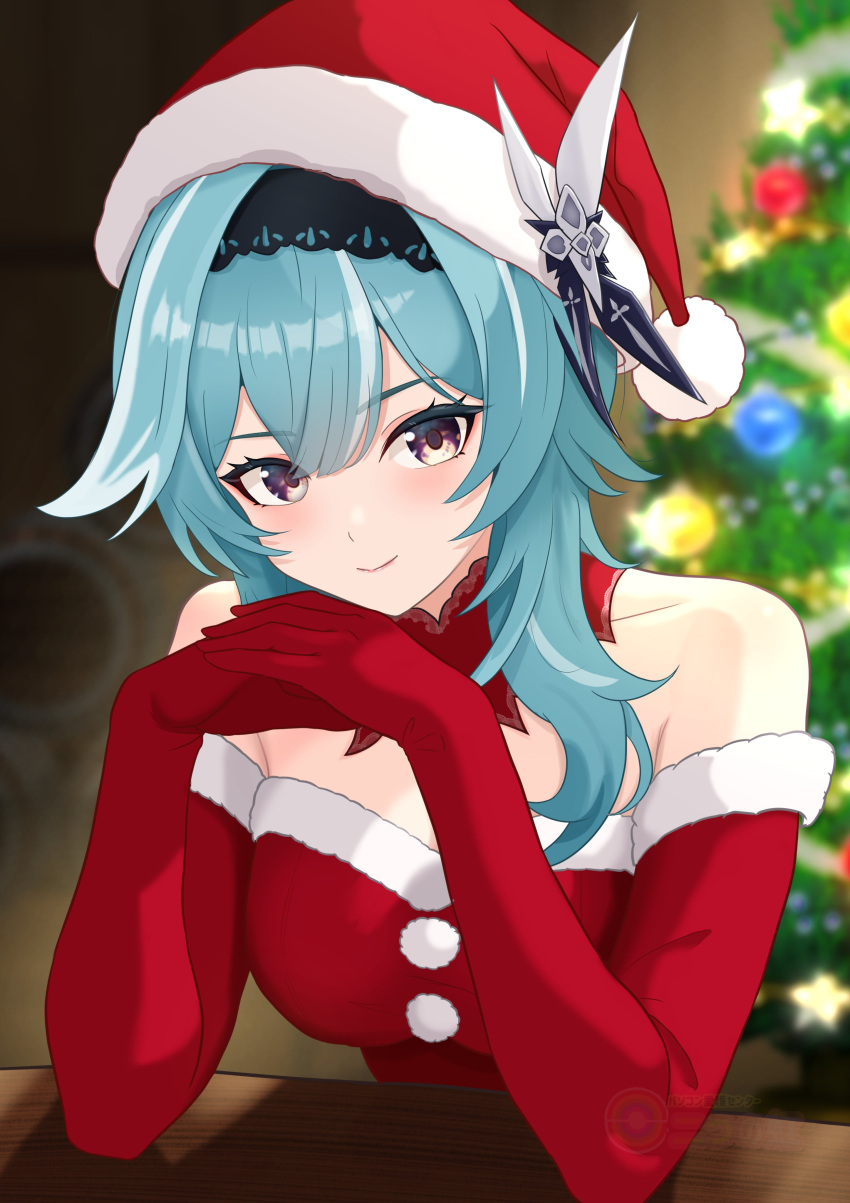 1girl, absurdres, black_hairband, blue_hair, blush, breasts, christmas, closed_mouth