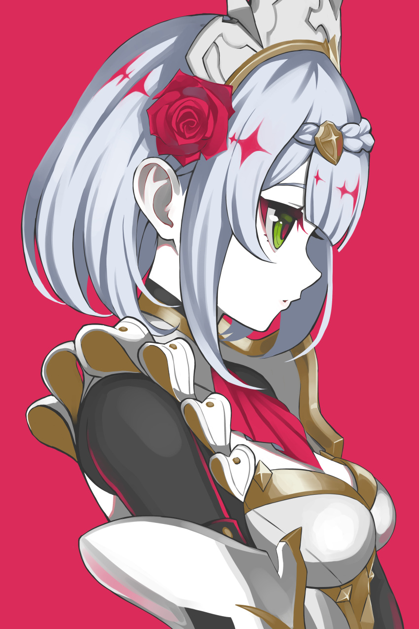 1girl, absurdres, ascot, bob_cut, flower, from_side, genshin_impact, green_eyes