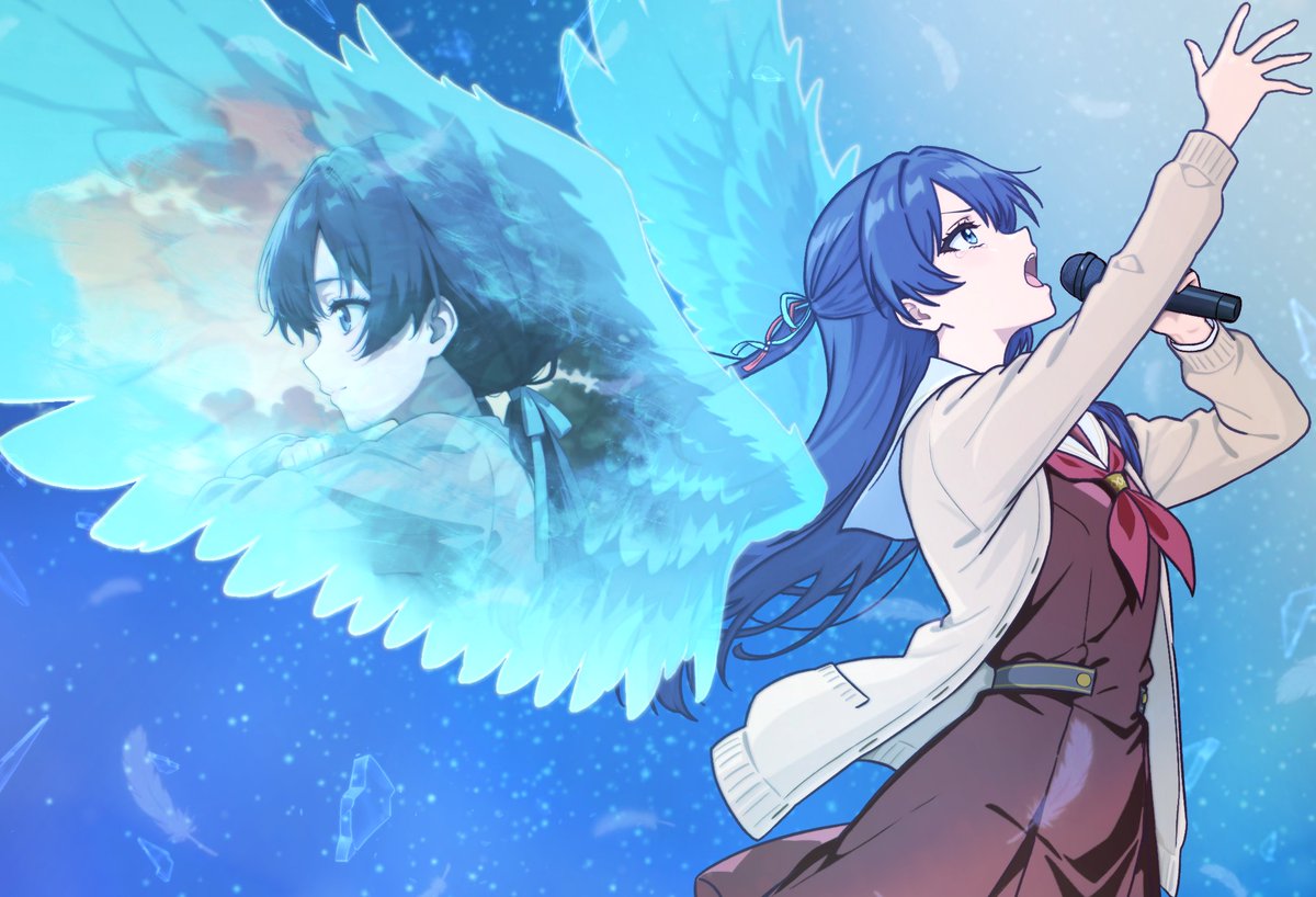 1girl, arms_up, blue_eyes, blue_hair, blue_wings, brown_cardigan, brown_dress, cardigan