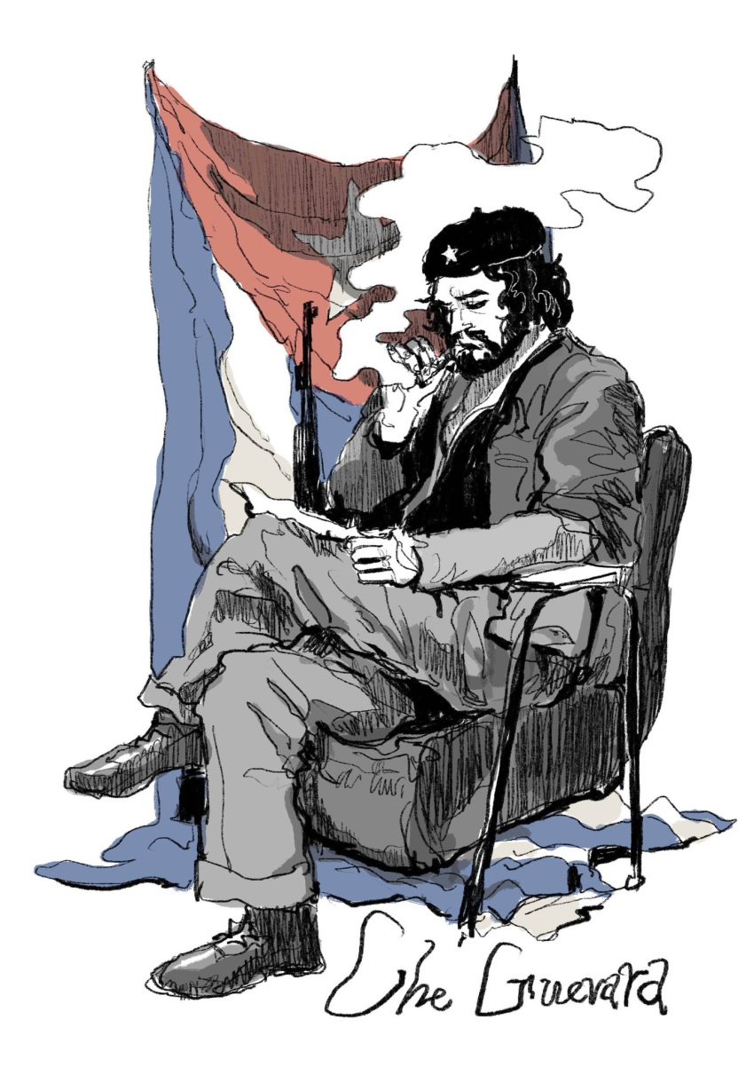 1boy, beard, beret, black_shirt, black_shoes, chair, character_name, che_guevara