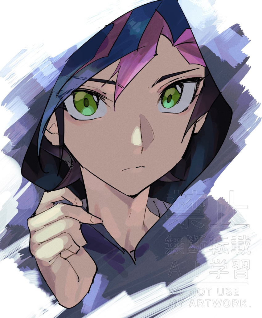 1boy, black_hair, blue_hair, closed_mouth, fujiki_yusaku, green_eyes, highres, hood