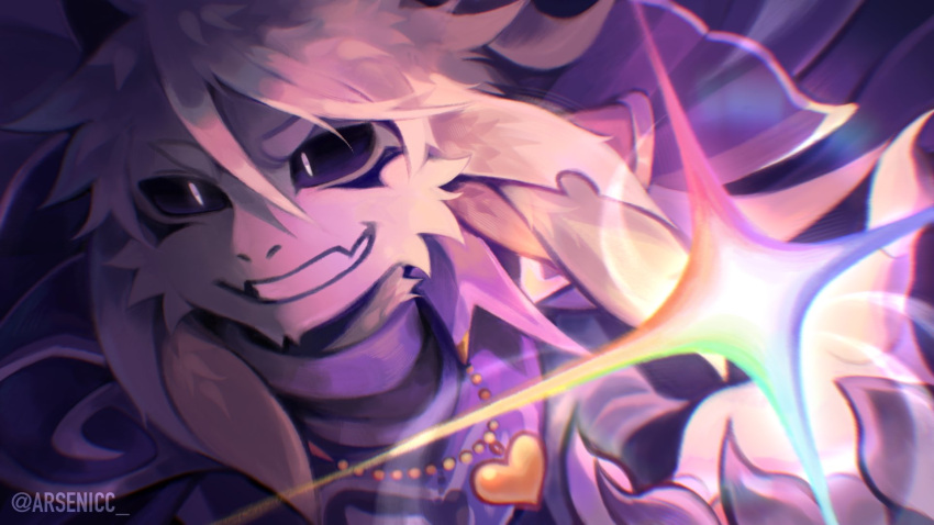 1boy, arsen1cc, artist_name, asriel_dreemurr, asriel_dreemurr_(god_of_hyperdeath), black_sclera, colored_sclera, diffraction_spikes
