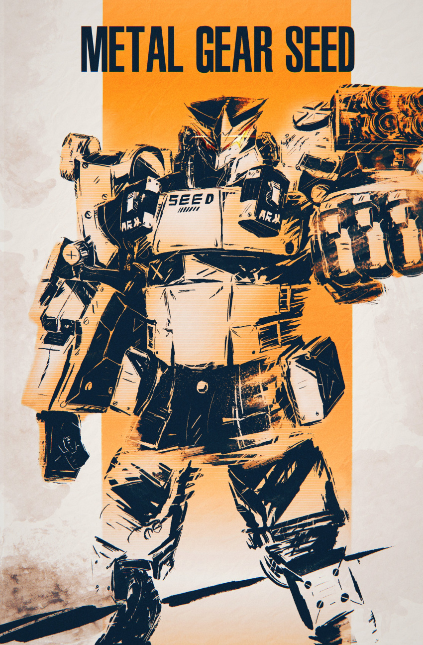 absurdres, aiming, aiming_at_viewer, character_name, clenched_hand, english_commentary, frameture, glowing, glowing_eyes, highres, ink, metal_gear_(series), parody, robot, seed_sr., title_parody, zenless_zone_zero