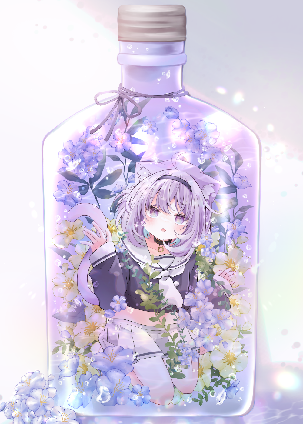 1girl, :o, ahoge, animal_ear_fluff, animal_ears, black_choker, bottle, cat_ears