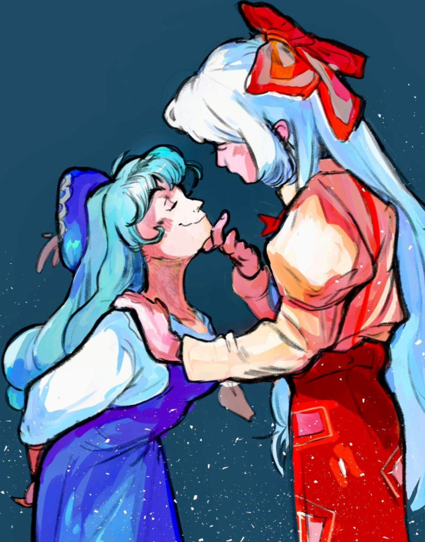 2girls, blue_dress, blue_hair, blue_hat, bow, closed_eyes, closed_mouth, dress