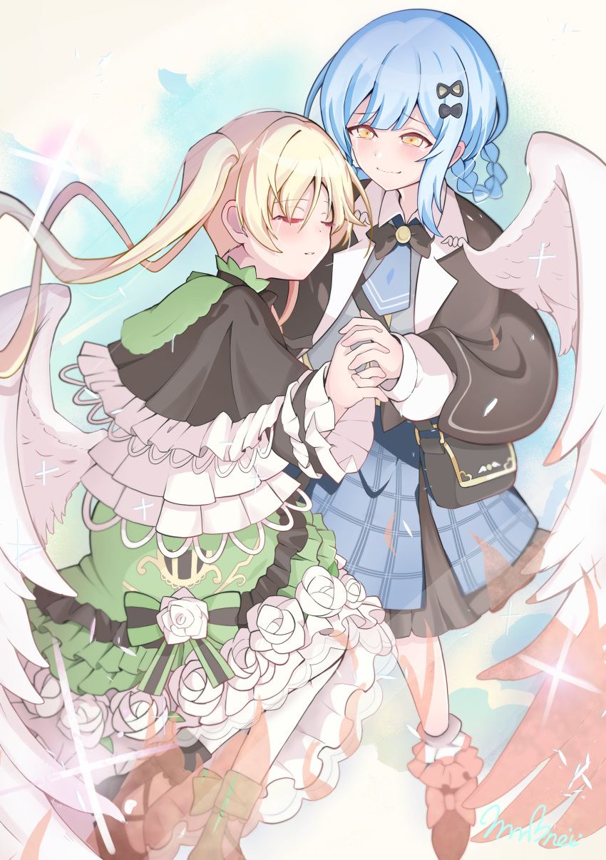 2girls, absurdres, angel_wings, asymmetrical_footwear, bag, black_bag, black_capelet, black_shoes, blue_hair, blue_skirt, braid, braided_hair_rings, capelet, closed_eyes, crying, crying_with_eyes_open, dress, flower-trimmed_dress, frilled_dress, frilled_skirt, frills, green_dress, green_shoes, hair_rings, highres, holding_hands, magical_girl, mahou_shoujo_no_majo_saiban, messenger_bag, mononobe_nekuro, multiple_girls, no_headwear, plaid_clothes, plaid_skirt, shoes, short_hair, shoulder_bag, skirt, tachibana_sherry, tears, tono_hanna, too_many, too_many_frills, wings, yellow_eyes
