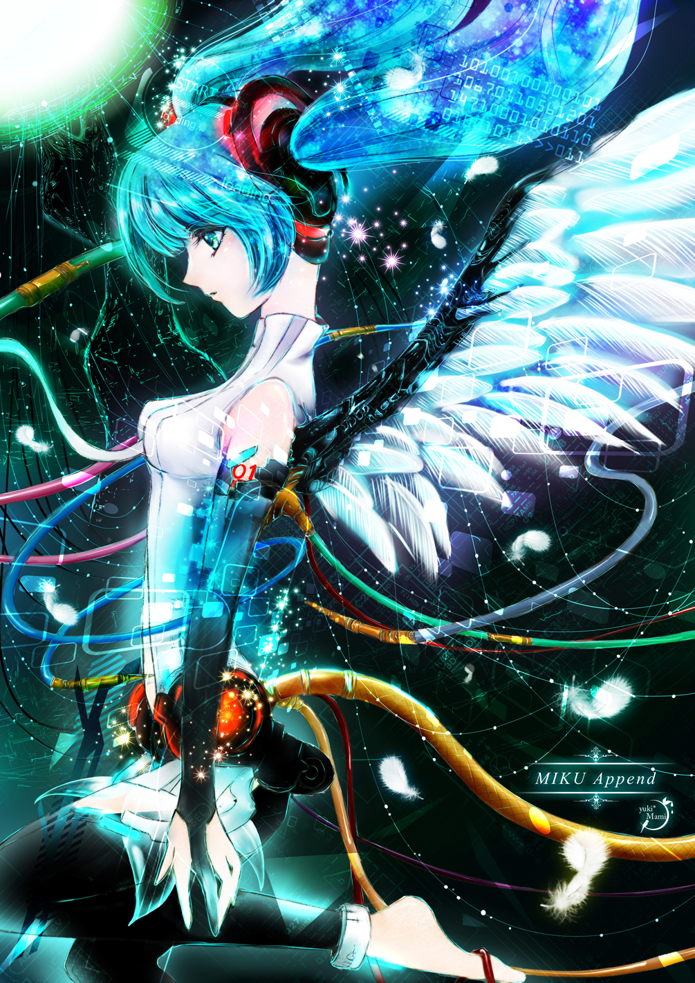 aqua_eyes, aqua_hair, bad_id, bridal_gauntlets, cable, floating_hair, hatsune_miku, hatsune_miku_(append)