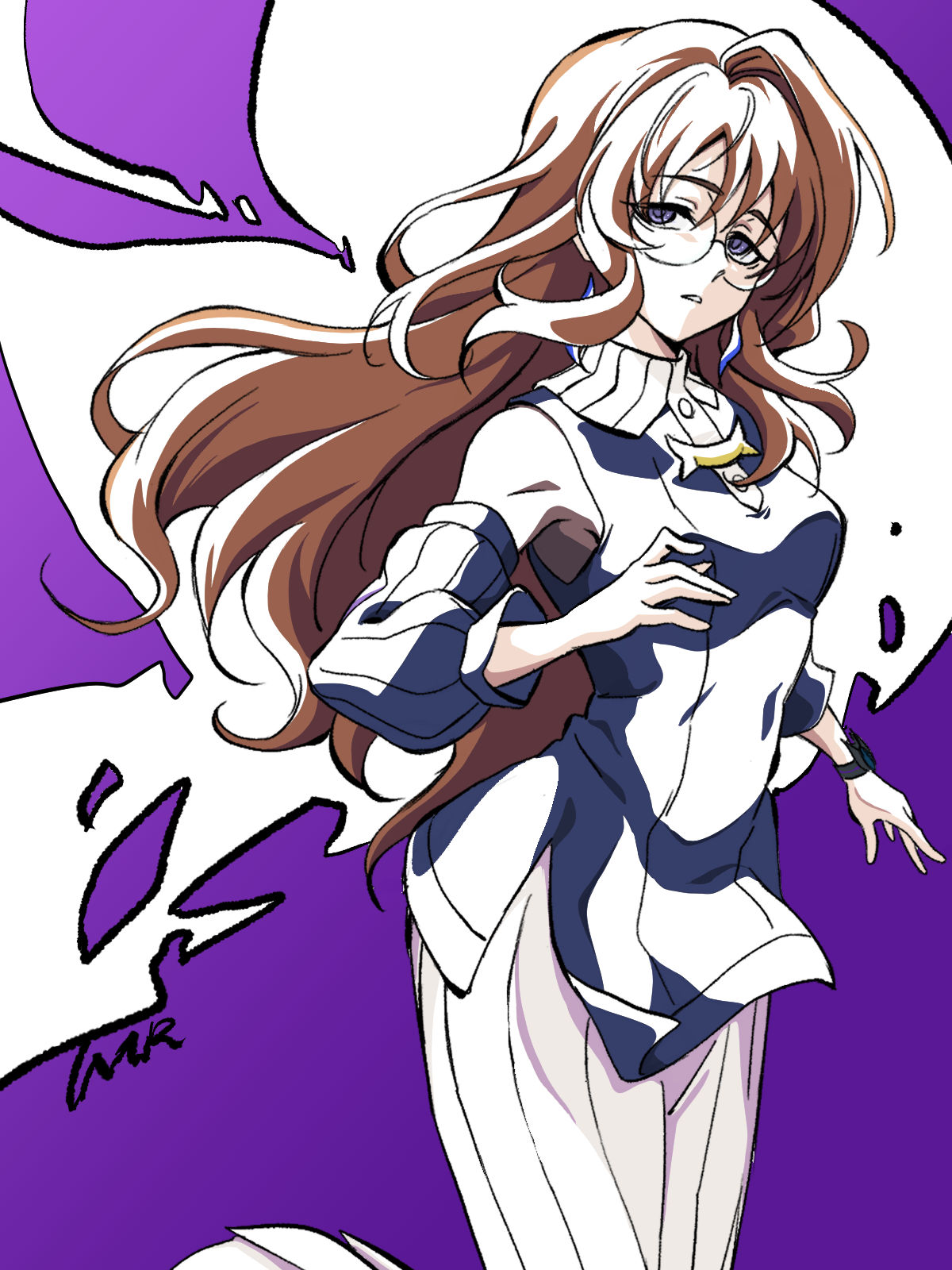 1girl, bangle, black-framed_eyewear, bracelet, breasts, brown_hair, detached_sleeves, earrings
