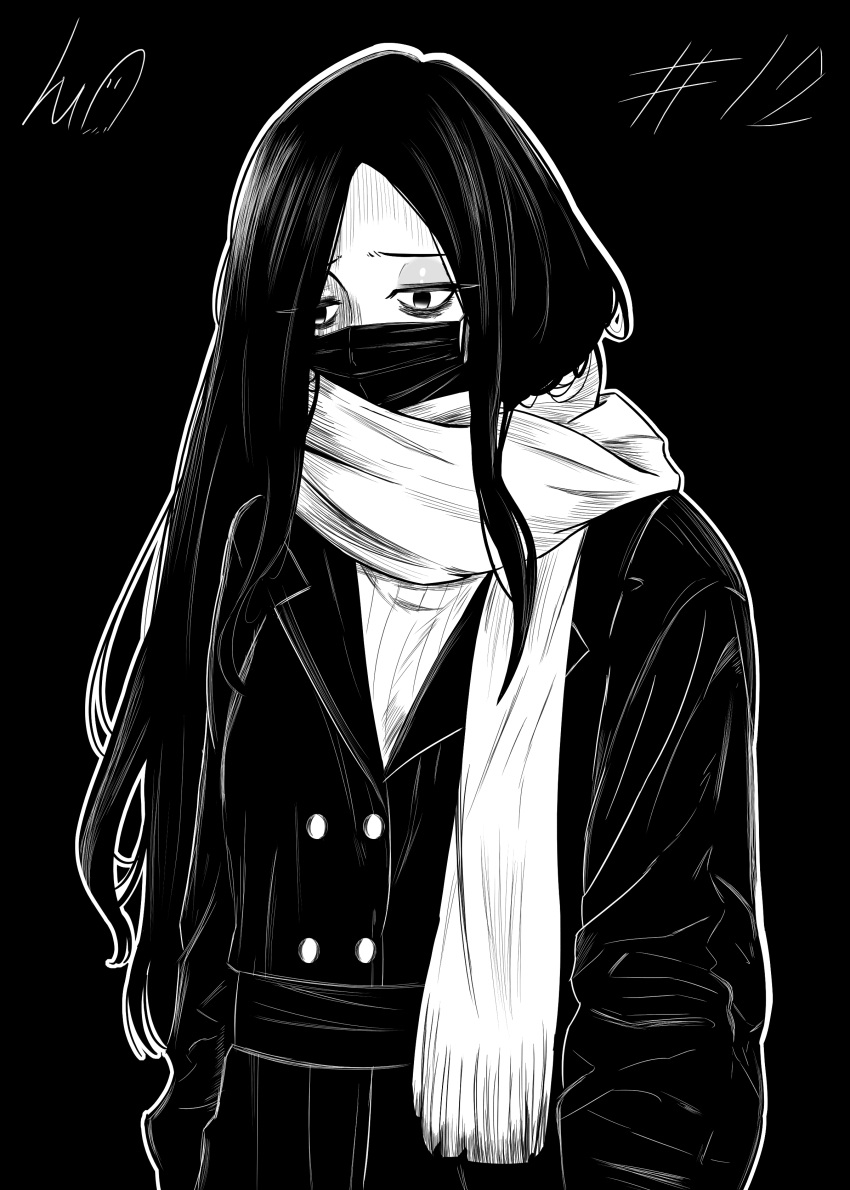 1girl, absurdres, bags_under_eyes, coat, commentary, greyscale, highres, japanese_urban_legends