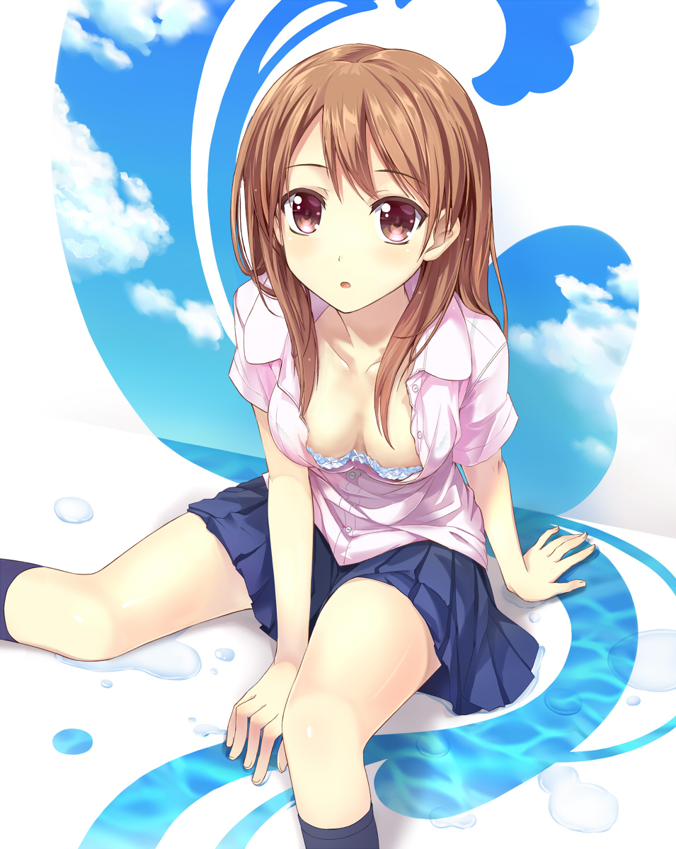 blue_skirt, blush, bra, breasts, brown_hair, cleavage, cloud, clouds
