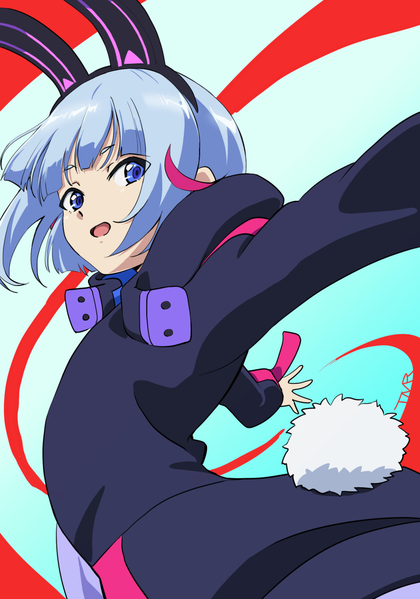 1girl, animal_ears, black_jacket, blue_eyes, blue_hair, fake_animal_ears, fake_tail, highres