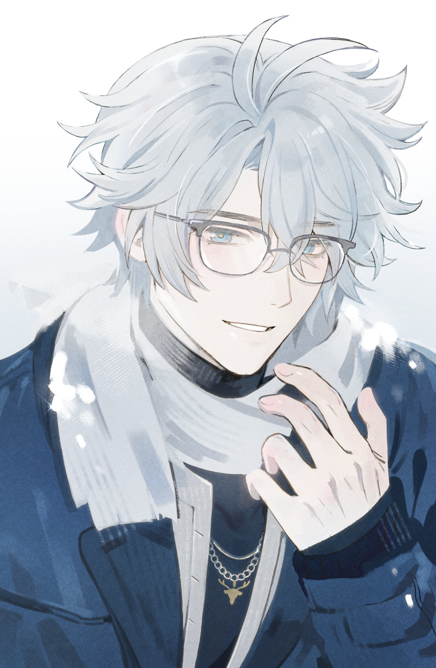 1boy, absurdres, antenna_hair, black_sweater, blue_eyes, blue_jacket, chain, chain_necklace