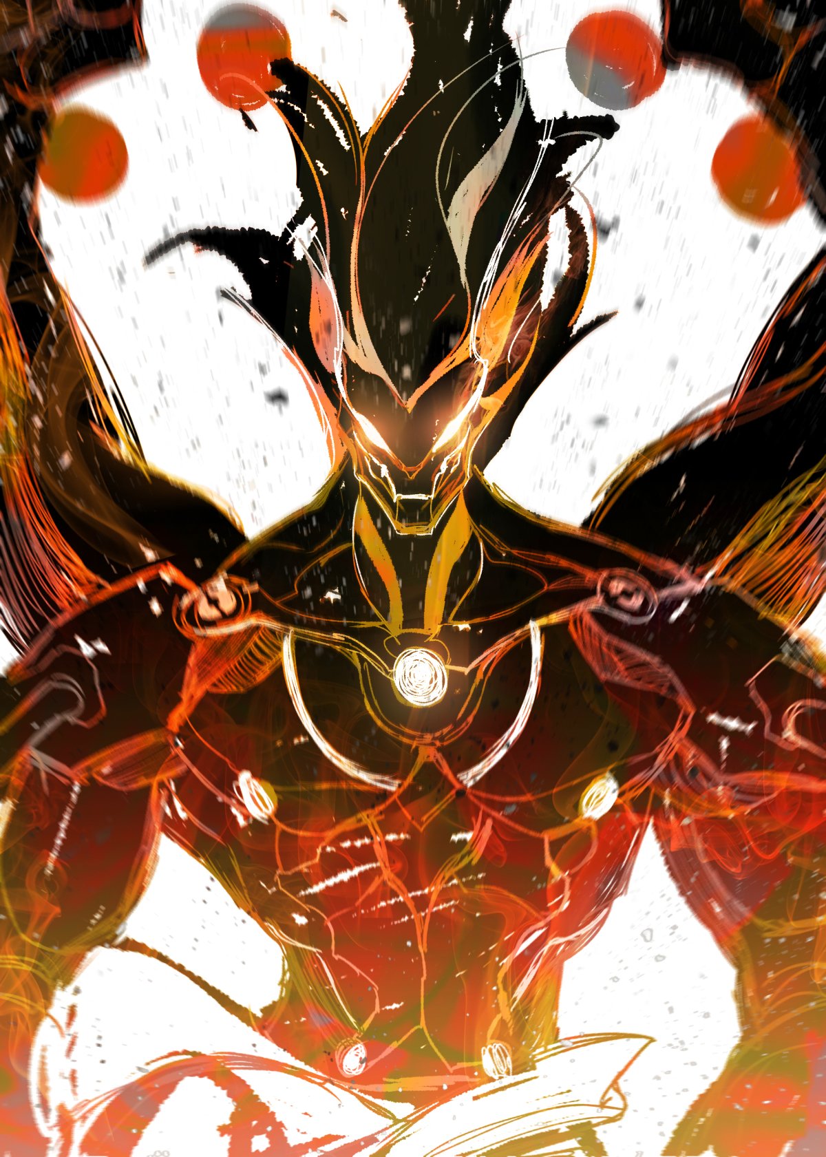 1boy, arms_up, artificial_eye, banyue_(zenless_zone_zero), clothed_robot, clothes_around_waist, debris, extra_arms