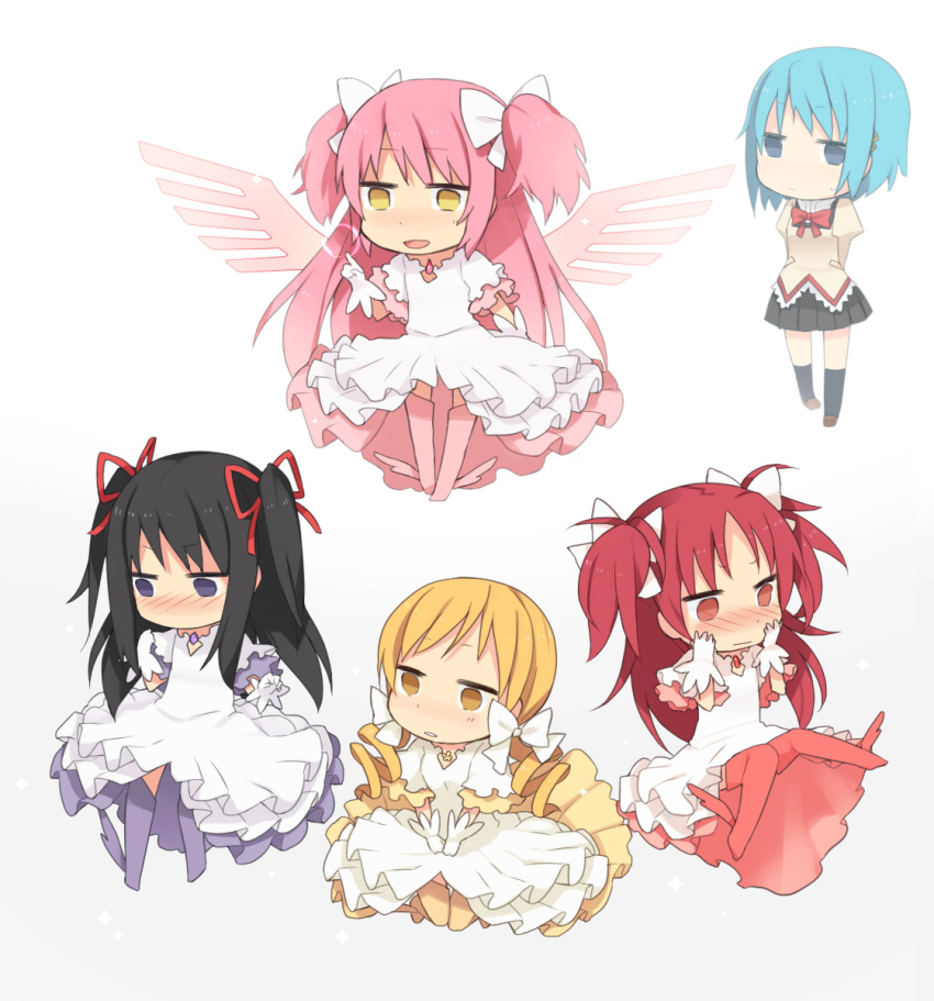 akemi_homura, black_hair, blonde_hair, blue_eyes, blue_hair, blush, bow, chibi