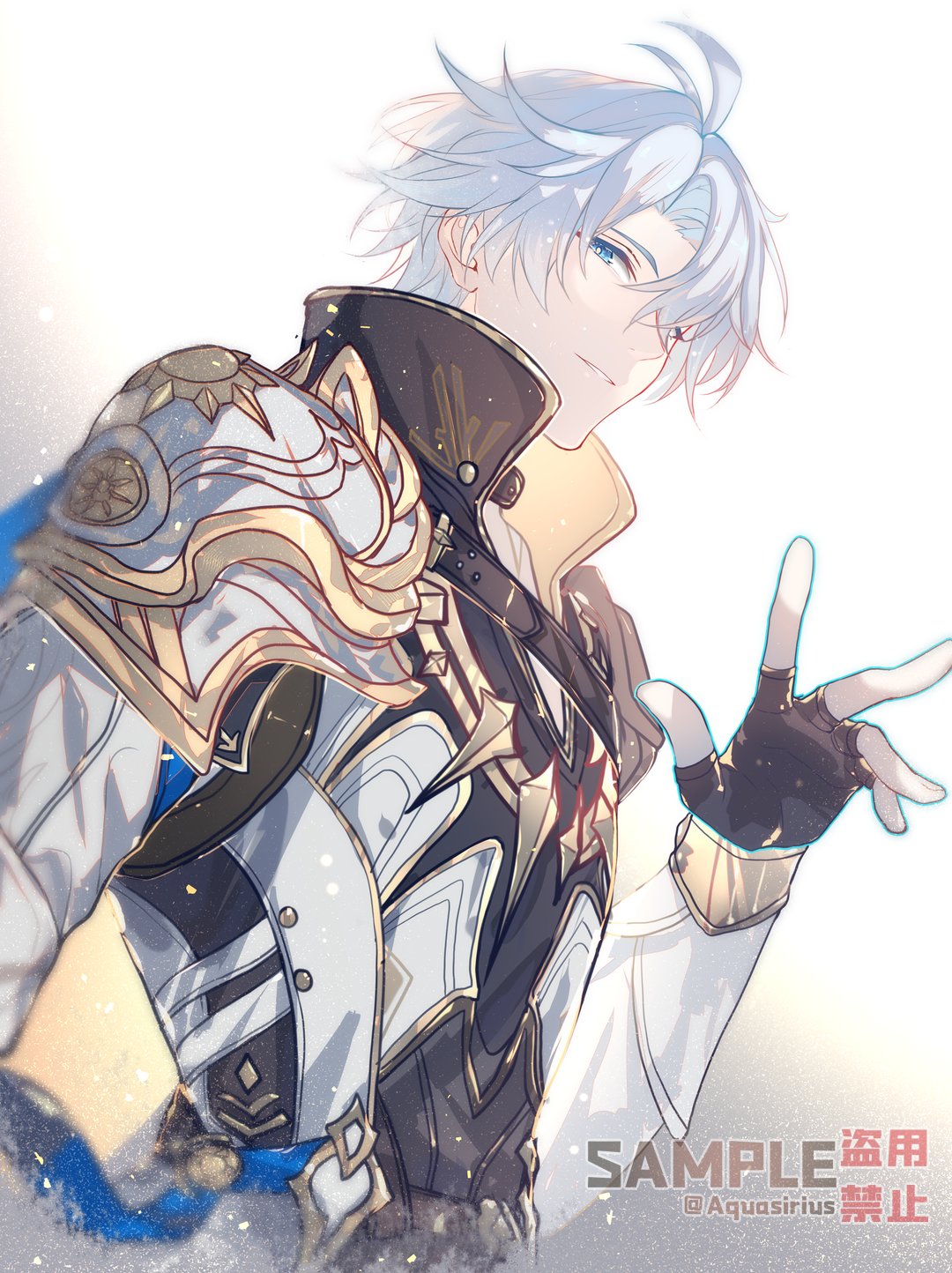 1boy, antenna_hair, aqueasirius, armor, black_choker, black_gloves, blue_cape, blue_eyes
