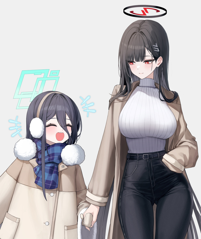2girls, absurdres, aris_(blue_archive), ass_visible_through_thighs, belt, black_hair, blue_archive, breasts, brown_coat, coat, denim, fingernails, hand_in_pocket, highres, holding_hands, jeans, large_breasts, long_fingernails, long_hair, multiple_girls, pants, red_eyes, rio_(blue_archive), sab_(sab2500), scarf, sweater, thighs, turtleneck, turtleneck_sweater, white_background