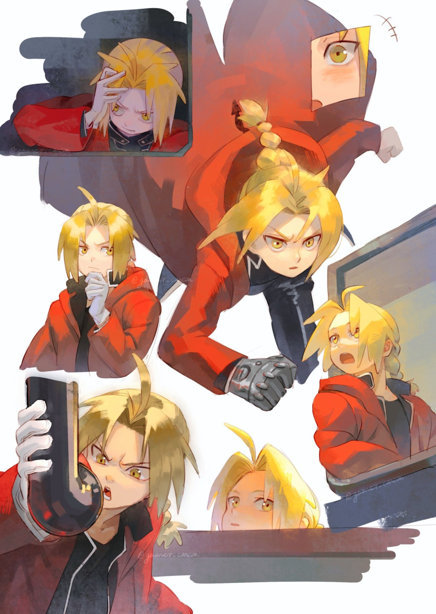 6+boys, ahoge, amputee, black_pants, black_shirt, blonde_hair, braid, braided_ponytail