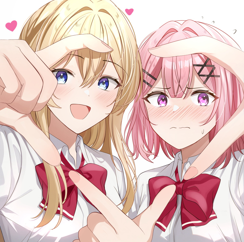 2girls, absurdres, amaori_renako, ashigaya_high_school_uniform, blonde_hair, blue_eyes, blush, bow