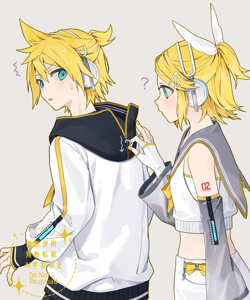 1boy, 1girl, ?, ^^^, bare_shoulders, blonde_hair, blue_eyes, blush