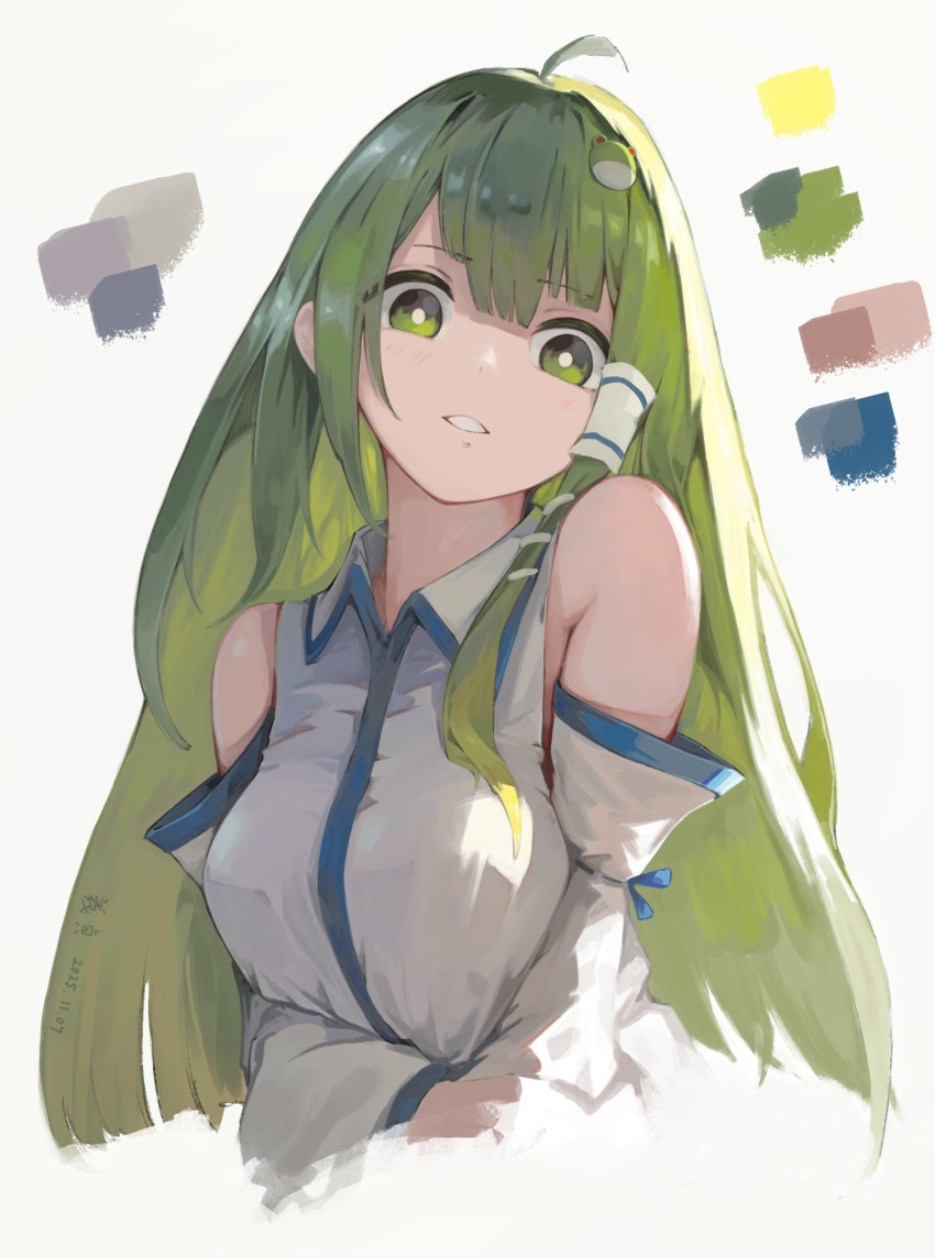 1girl, absurdres, ahoge, arms_under_breasts, bare_shoulders, breasts, collared_shirt, color_guide