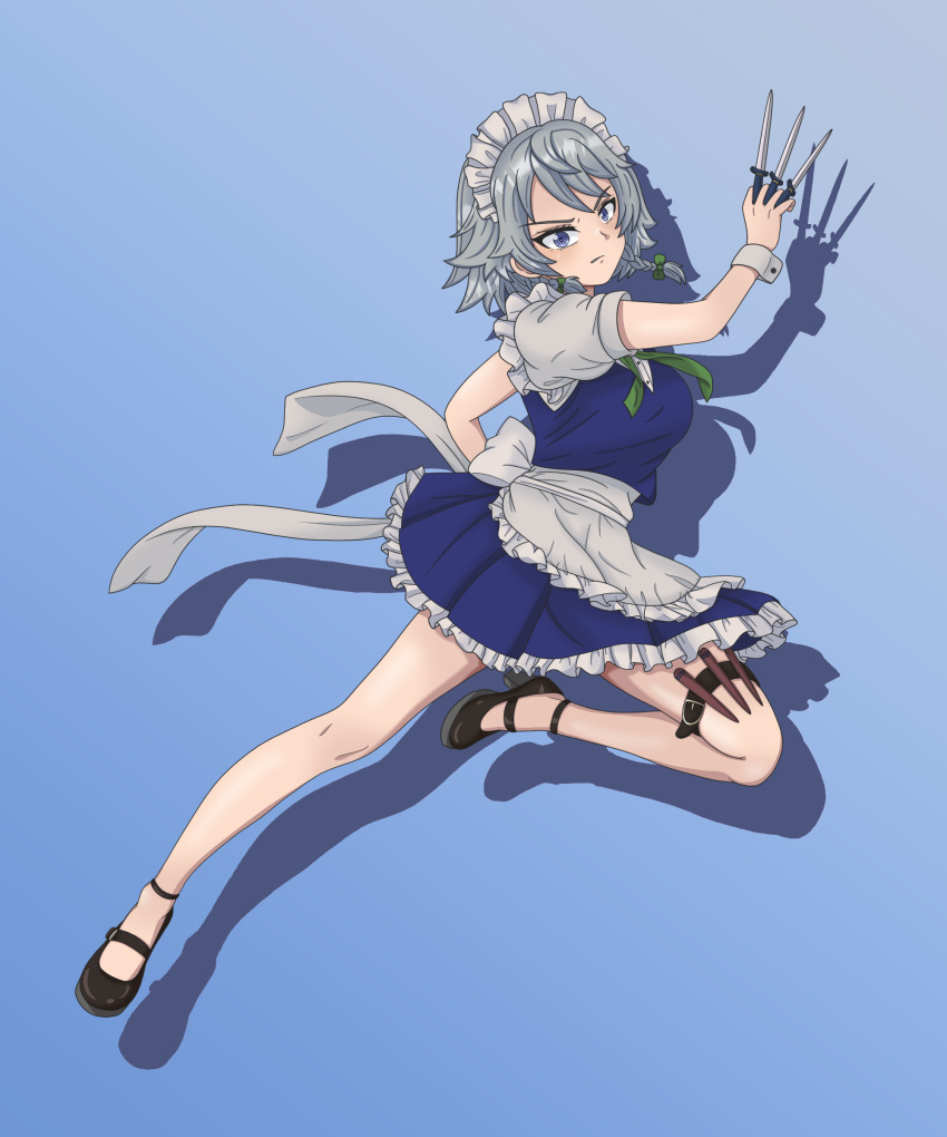 1girl, absurdres, apron, back_bow, between_fingers, black_pantyhose, black_shoes, blue_eyes