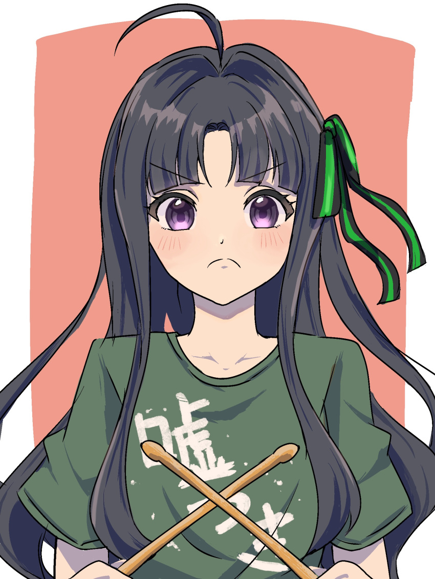 1girl, ahoge, awa_subaru, black_hair, black_ribbon, border, closed_mouth, commentary