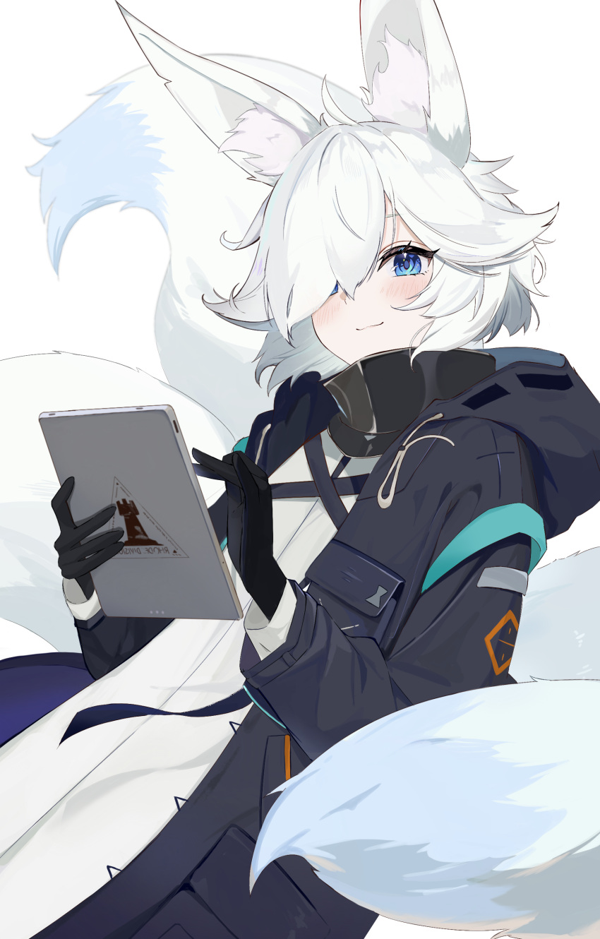 1girl, absurdres, animal_ear_fluff, animal_ears, arknights, black_gloves, blue_eyes, closed_mouth