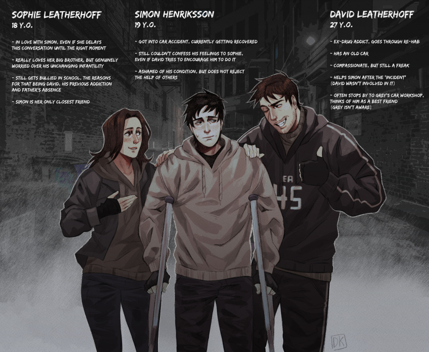 1girl, 2boys, ;d, afraid_of_monsters, black_gloves, black_hair, black_hoodie, black_shirt