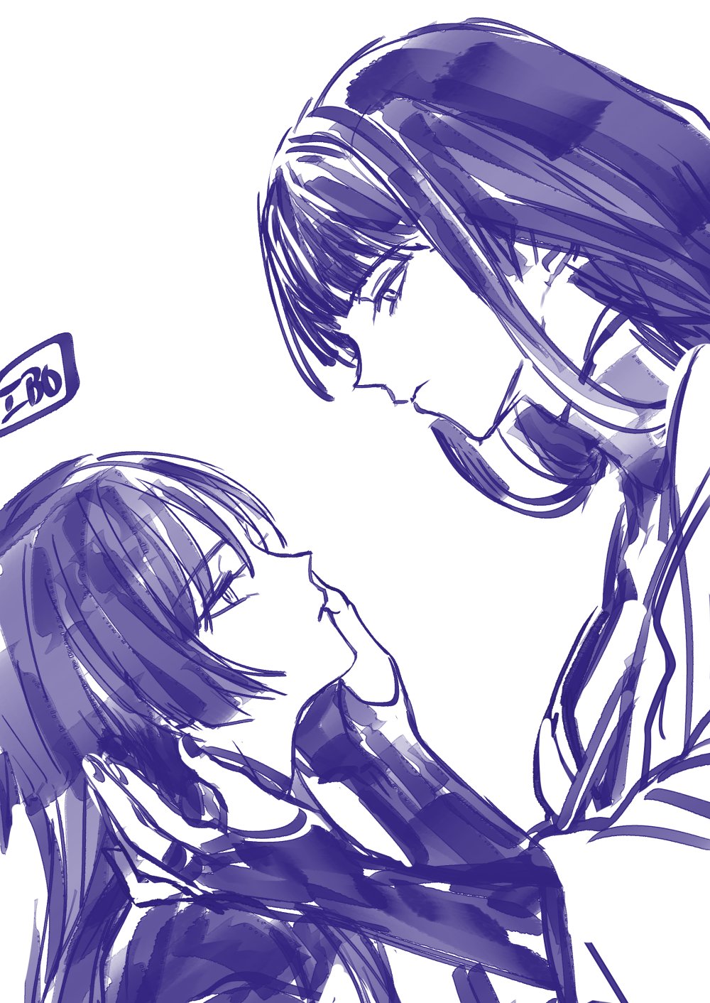 1boy, 1girl, 49ibo240, alternate_hair_length, alternate_hairstyle, artist_name, blunt_bangs, blunt_ends