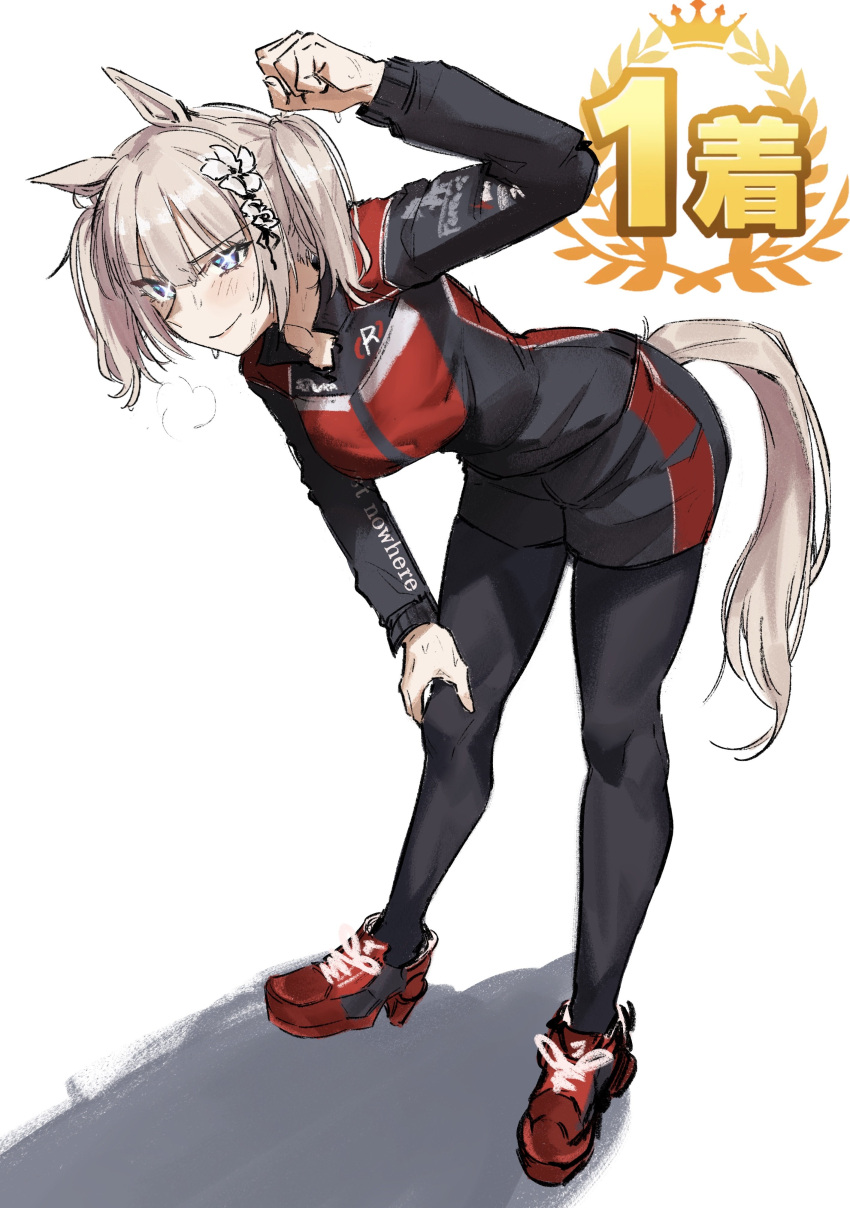 +_+, 1girl, absurdres, animal_ears, arm_up, bent_over, black_leggings, black_shorts