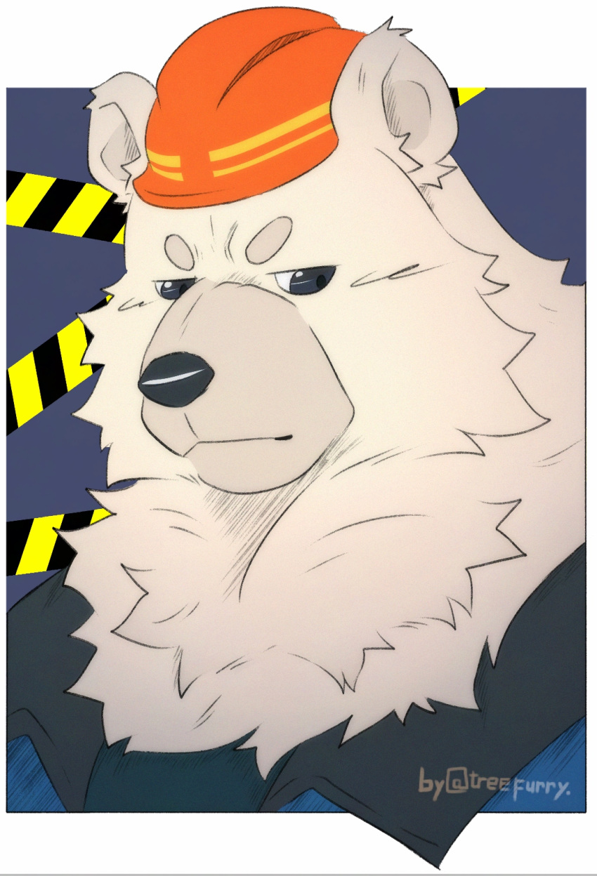 1boy, animal_ears, bear, bear_boy, bear_ears, blue_jacket, caution_tape, closed_mouth
