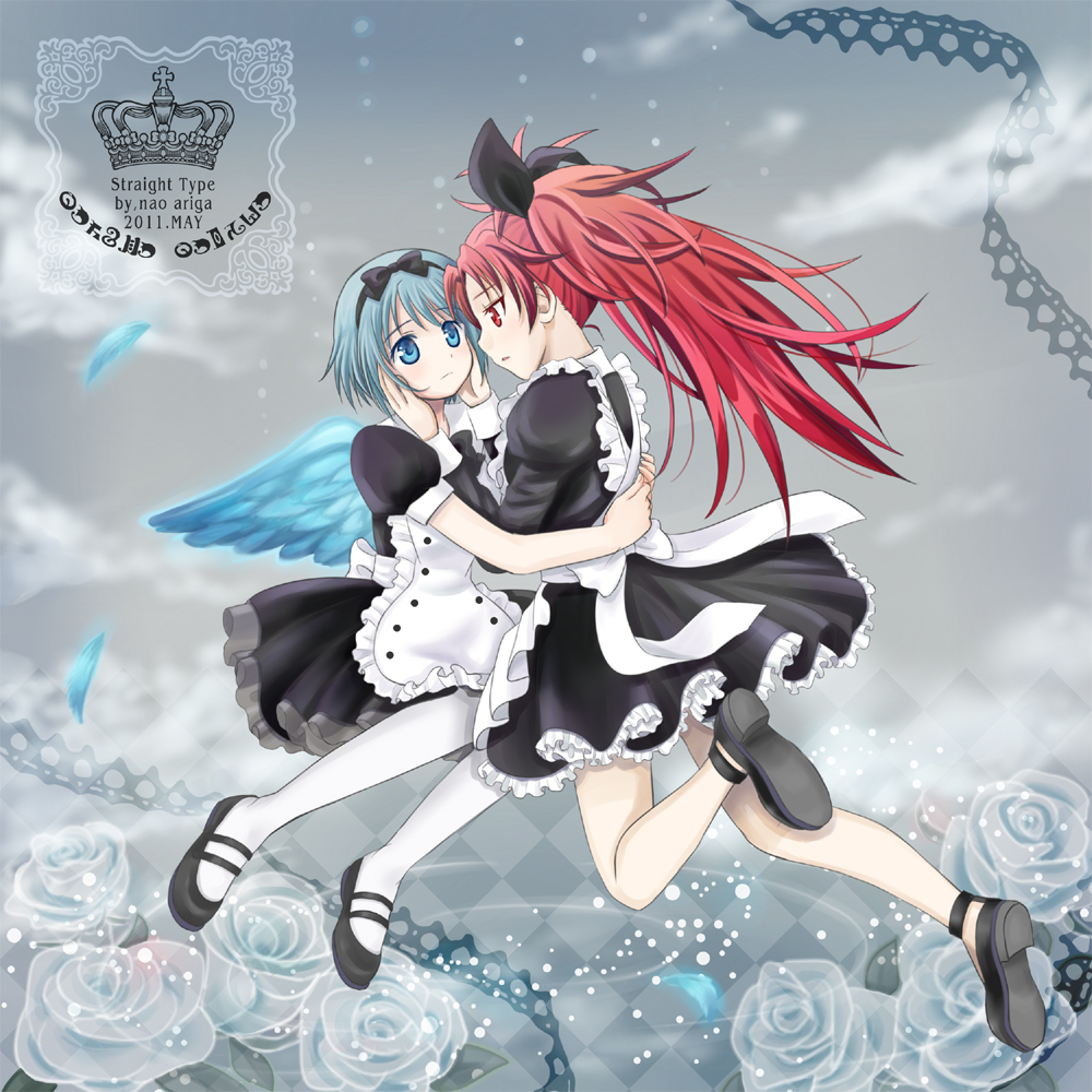 alternate_costume, argyle, argyle_background, ariga_nao, bow, cheek_hold, dated, enmaided