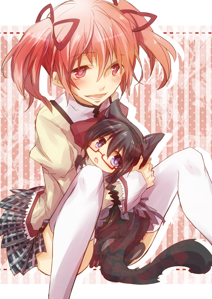 akemi_homura, animal_ears, black_hair, cat_ears, cat_paws, cat_tail, hair_ribbon, kaname_madoka