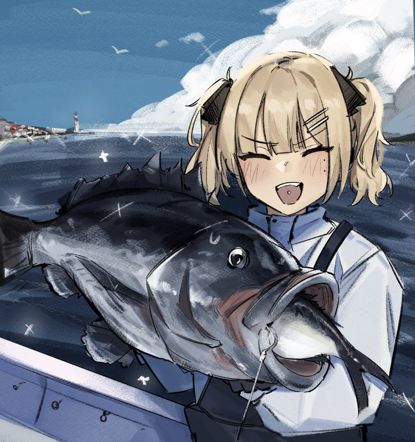1boy, :d, ^_^, animal, bird, black_ribbon, blonde_hair, blush