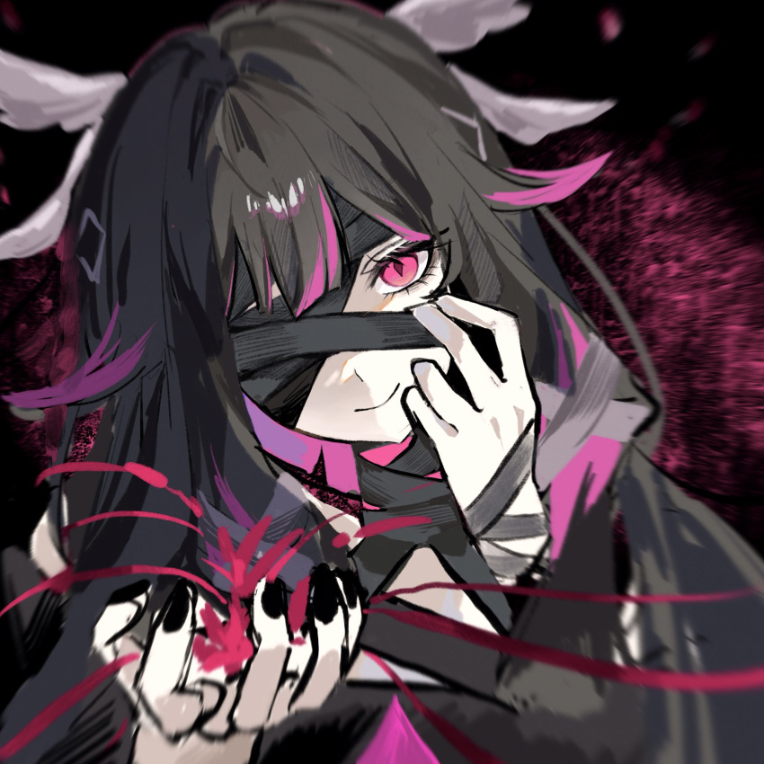 1girl, bandage_on_forehead, bandage_over_one_eye, bandaged_head, bandages, black_bandages, black_hair, closed_mouth