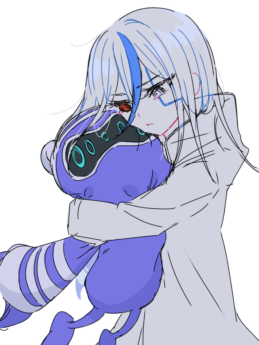 1girl, 201_(yield), aged_down, blue_streaks, commentary, facial_mark, heterochromia, highres