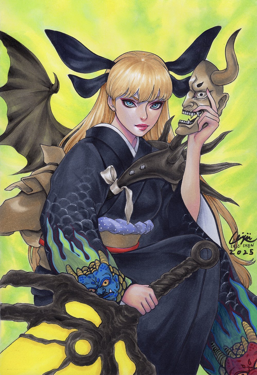 1girl, blonde_hair, blue_eyes, highres, holding, holding_sword, holding_weapon, japanese_clothes