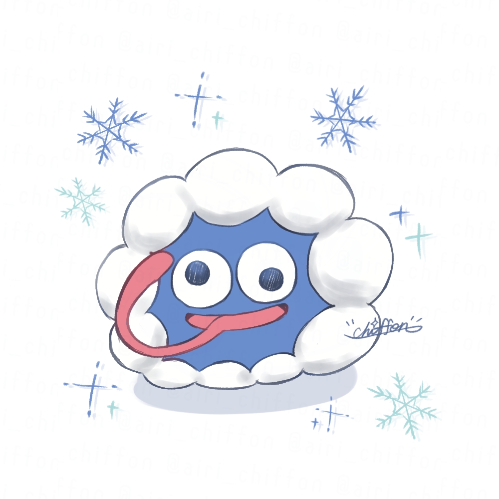 airi_chiffon, blue_skin, colored_skin, copy_ability, gooey_(kirby), kirby_(series), kirby_air_ride, kirby_air_riders, long_tongue, no_humans, parka, signature, snowflakes, solo, sparkle, tongue, tongue_out