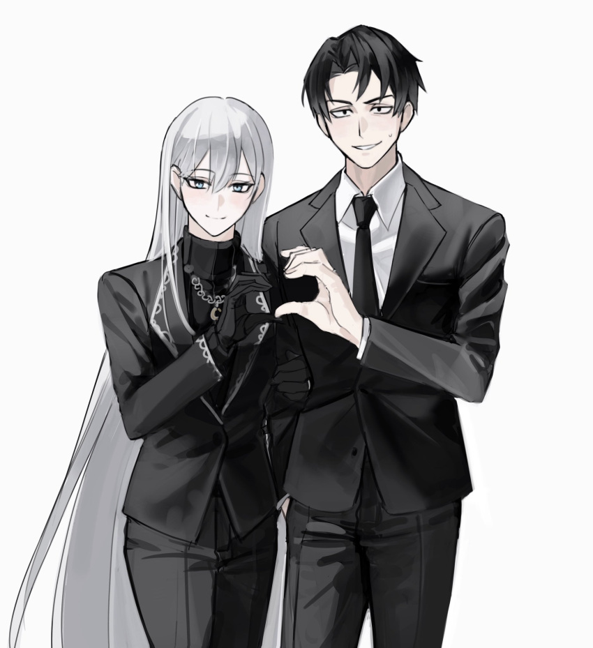 1boy, 1girl, 7ceta, angelica_(project_moon), black_eyes, black_gloves, black_hair, black_jacket