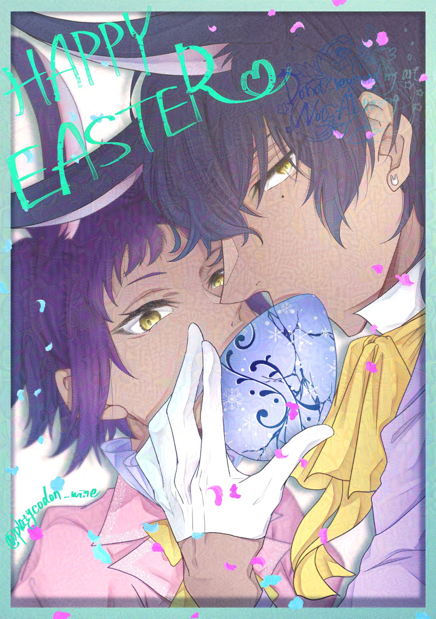1boy, 1girl, absurdres, animal_ears, artist_name, black_hair, blue_petals, border