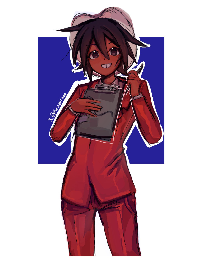 1girl, blue_background, brown_eyes, clipboard, commentary, cowboy_hat, cowboy_shot, cowgirl_(western), dark-skinned_female, dark_skin, dress_pants, flat_chest, grin, hair_between_eyes, hat, highres, holding, holding_clipboard, holding_pen, jacket, layered_clothes, light_blush, looking_at_viewer, nevada_(star_fetchers), pants, pen, red_jacket, red_pants, red_suit, shirt, short_hair, sketch, smile, solo, spiky_hair, star_fetchers, star_fetchers:_escape_from_pork_belly, suit, thesuperaaa, tomboy, twitter_username, two-tone_background, white_background, white_shirt