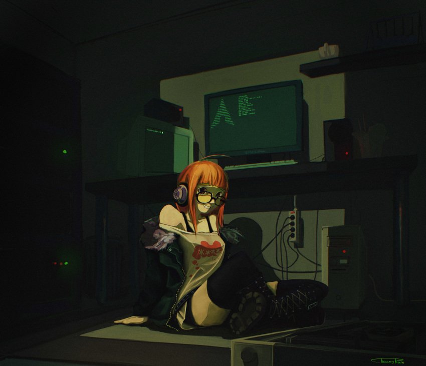 1girl, absurdres, arch_linux, bare_shoulders, boots, chazeyrain, computer, film_grain