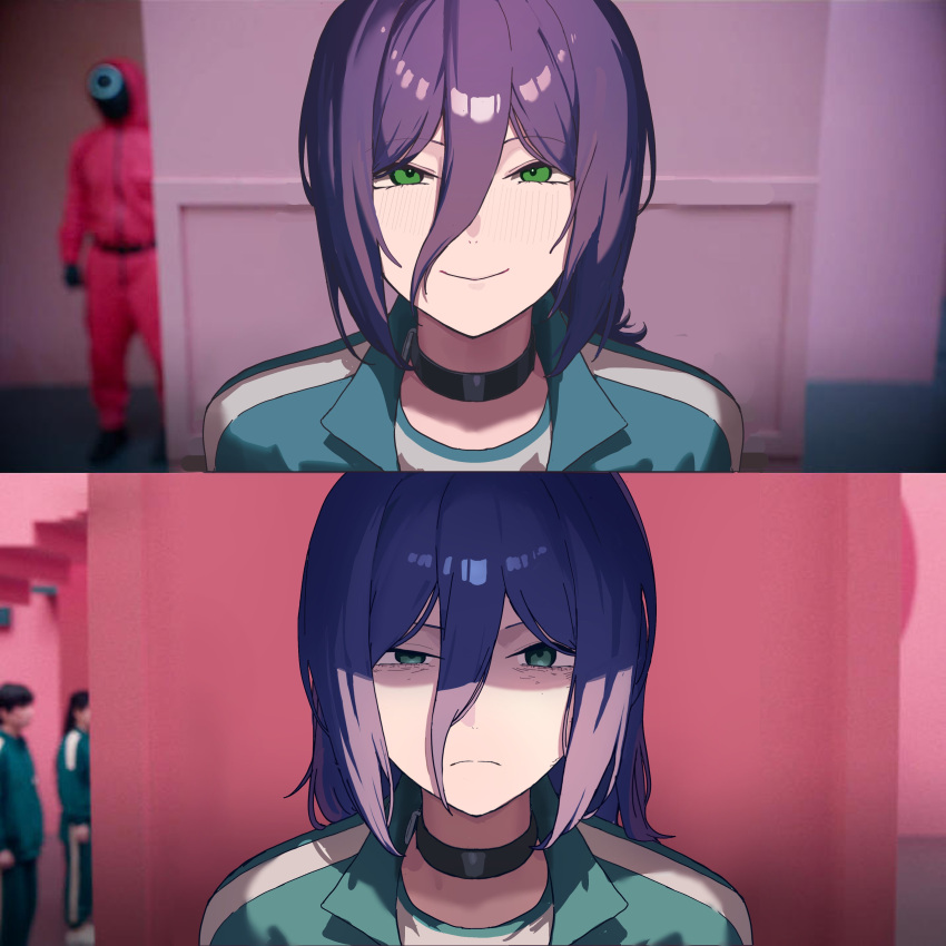 absurdres, ashamutoki, black_choker, blue_shirt, blue_track_suit, chainsaw_man, choker, eye_twitch