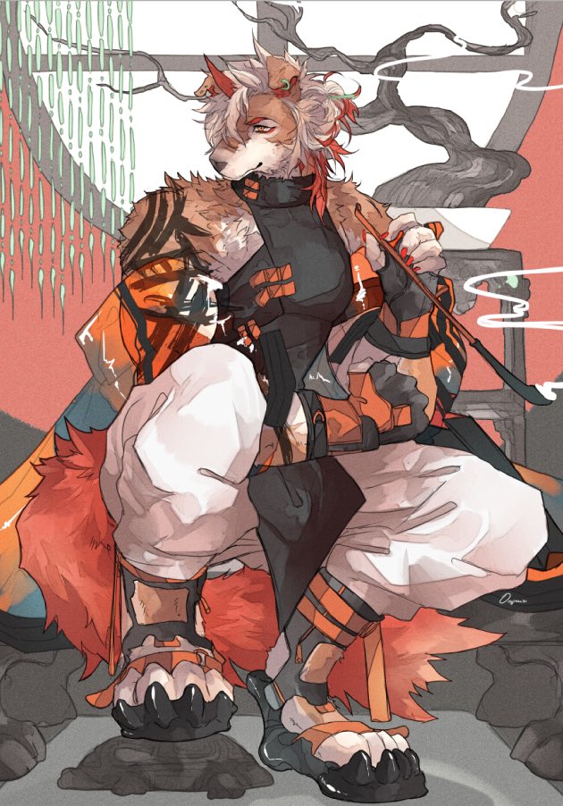 1boy, arknights, black_shirt, bonsai, closed_mouth, colored_tips, earrings, english_commentary