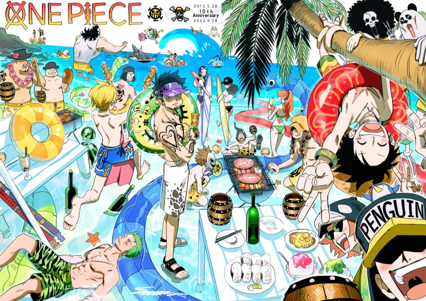 3girls, 6+boys, ^_^, apron, arm_tattoo, back_tattoo, bepo_(one_piece), bikini